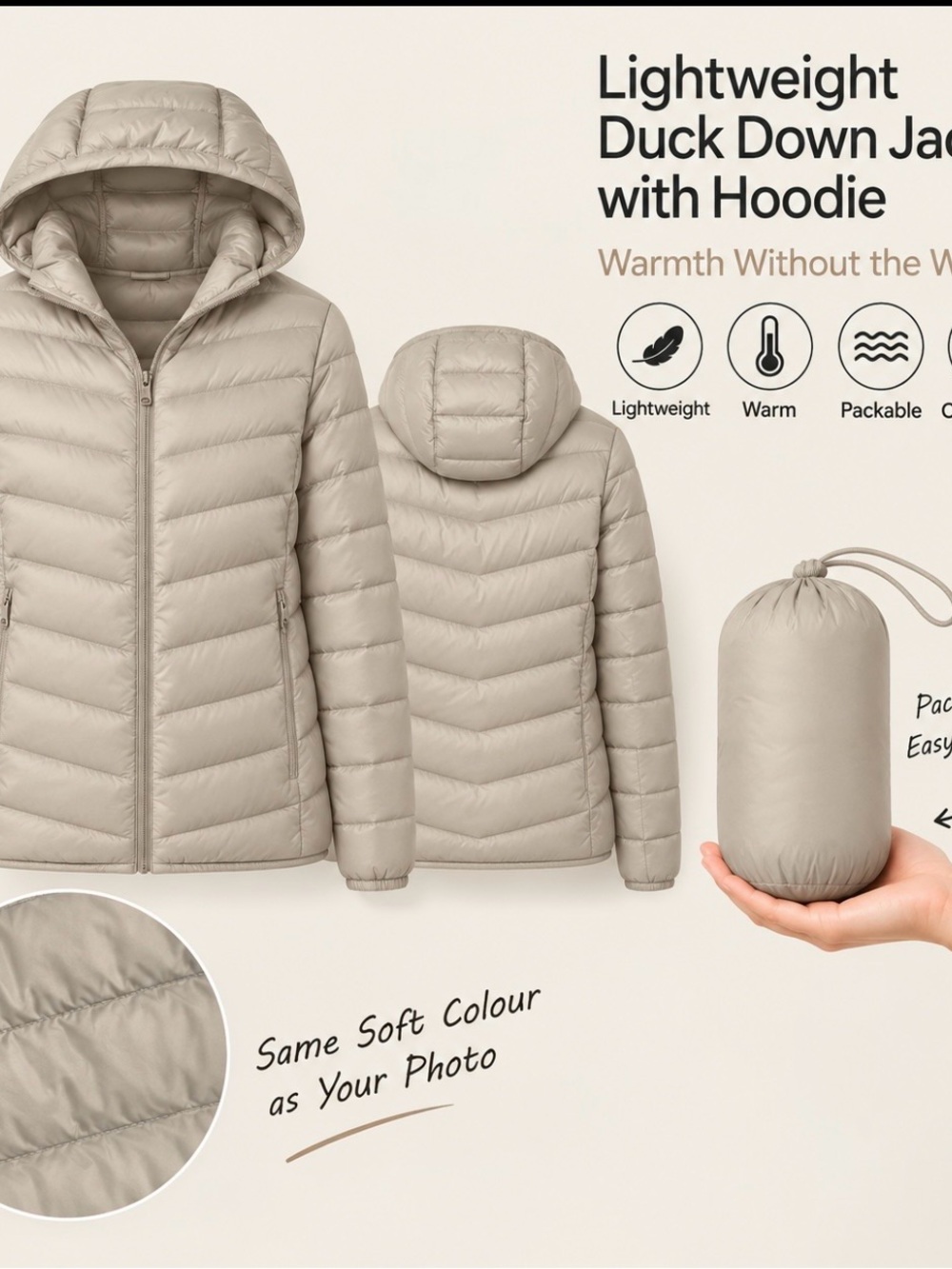 Packable Lightweight Beige Duck Down Puffer Jacket with Hoodie 3xL